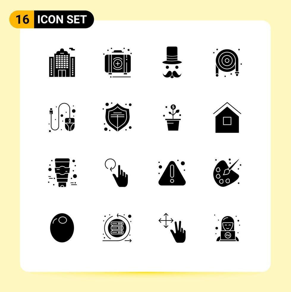 Piktogrammsatz von 16 einfachen soliden Glyphen von Computer-Klempner-Schnurrbart mechanischer Hut editierbare Vektordesign-Elemente vektor