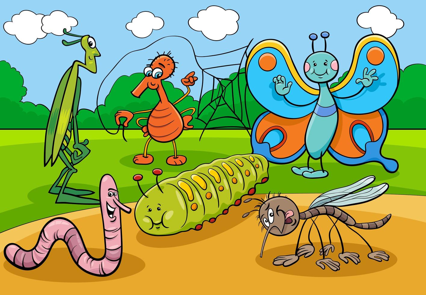 glückliche Insekten und Käfer-Zeichentrickfigurengruppe vektor