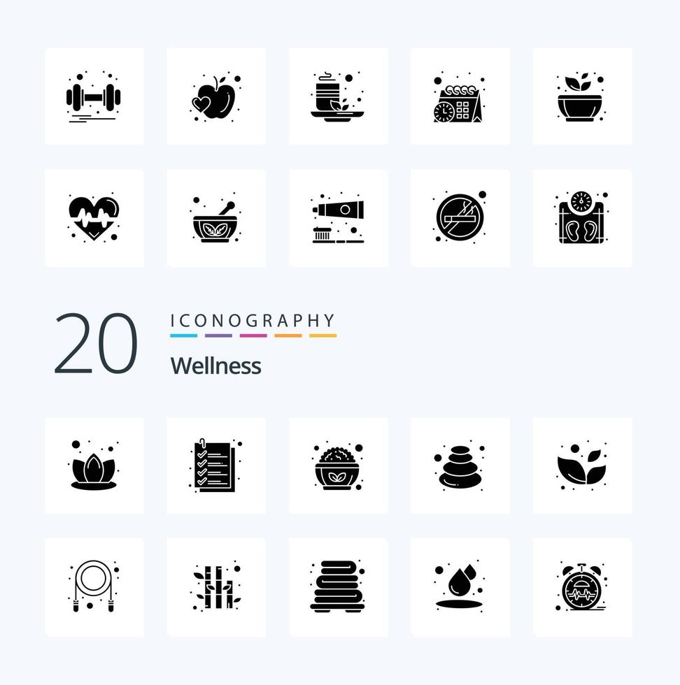 20 Wellness Solid Glyph Icon Pack wie Spa Stone Gesunde Spa-Massage vektor