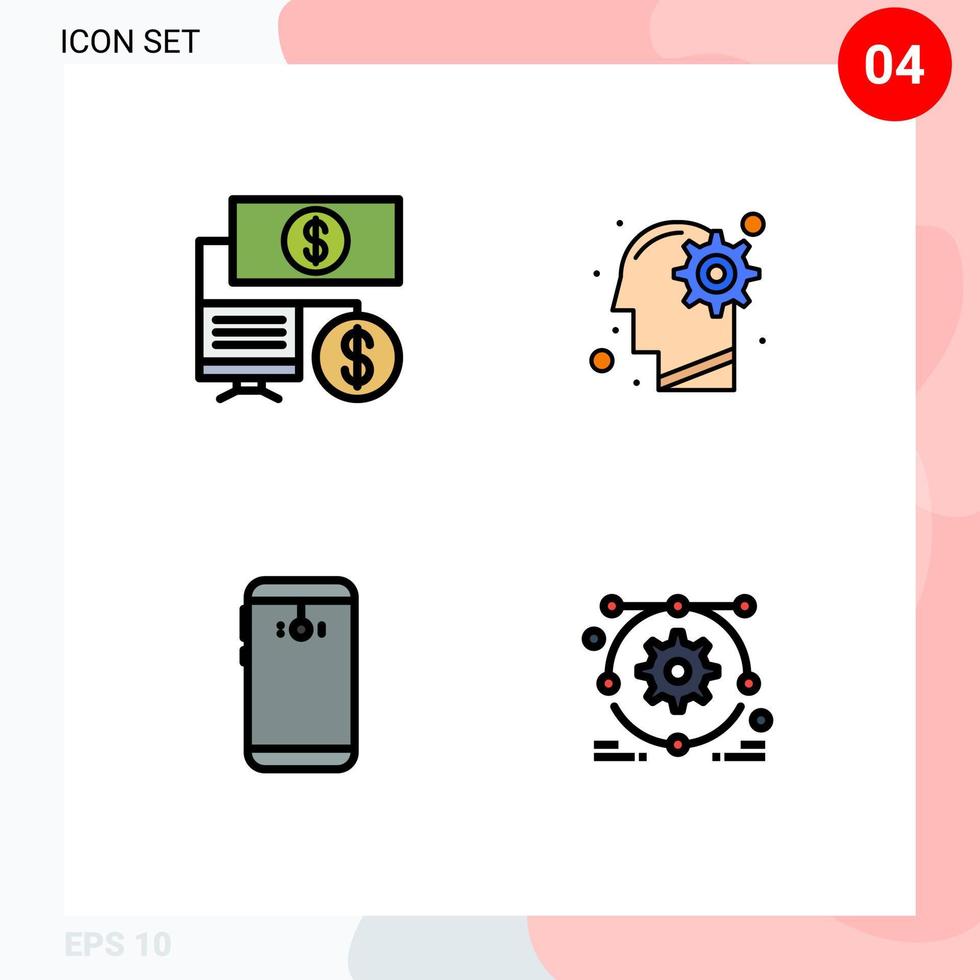 moderner Satz von 4 gefüllten flachen Farben und Symbolen wie Bank-Smartphone-Kopf-Prozesskamera editierbare Vektordesign-Elemente vektor