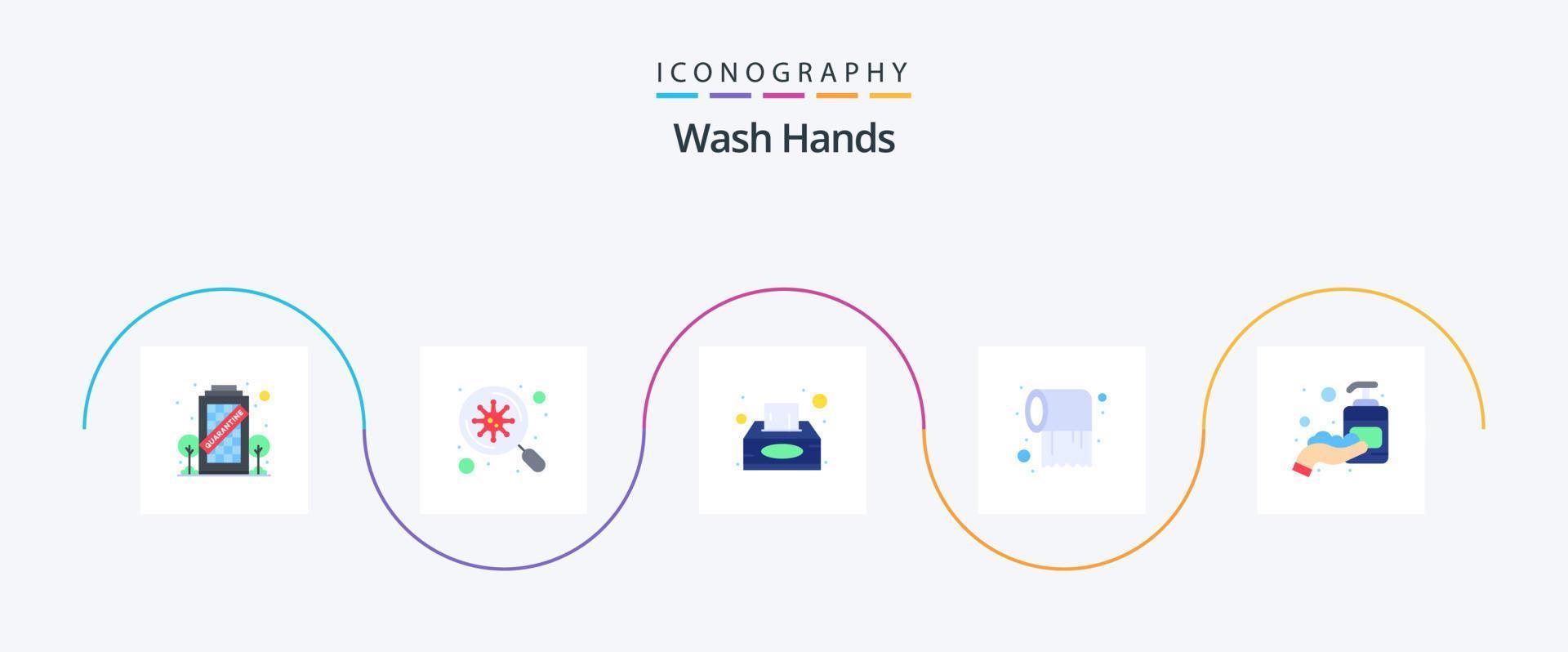 tvätta händer platt 5 ikon packa Inklusive hand. vård. låda. vävnad. papper vektor