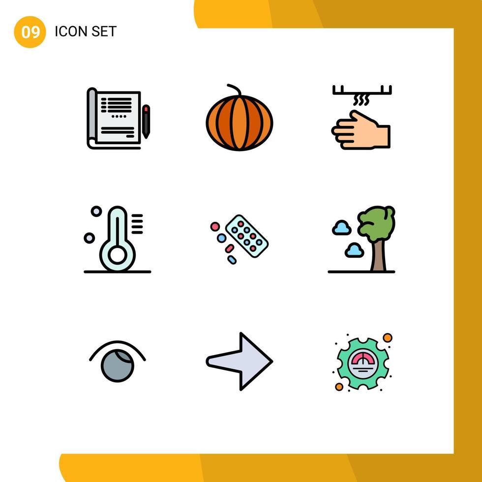 9 universelle Fillline-Flachfarben für Web- und mobile Anwendungen Set zur Behandlung von Pille Reinigungsmedizin Thermometer editierbare Vektordesign-Elemente vektor