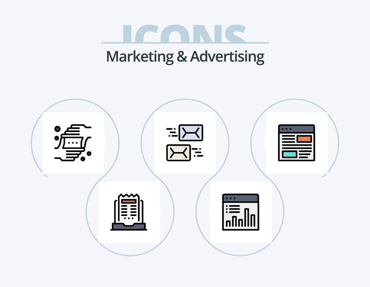 Marketing- und Werbelinie gefüllt Icon Pack 5 Icon Design. Diagramm. Analyse. Kampagne. Nachricht. Email vektor