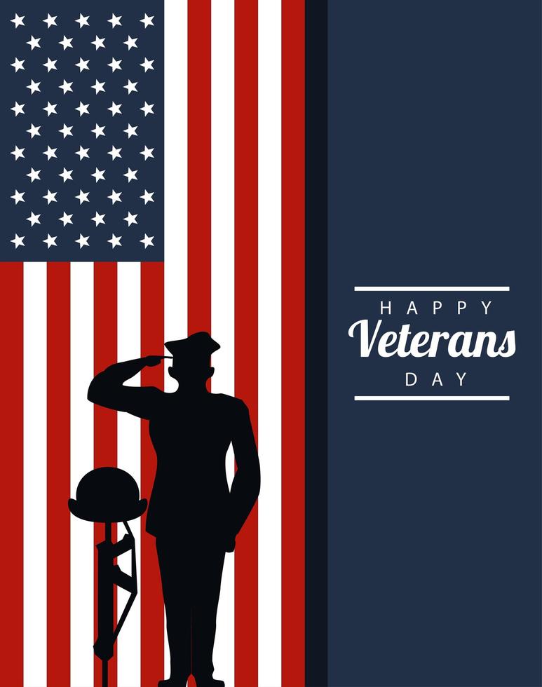 glad veterans dag bokstäver på affisch med officer militär och hjälm på gevär vektor