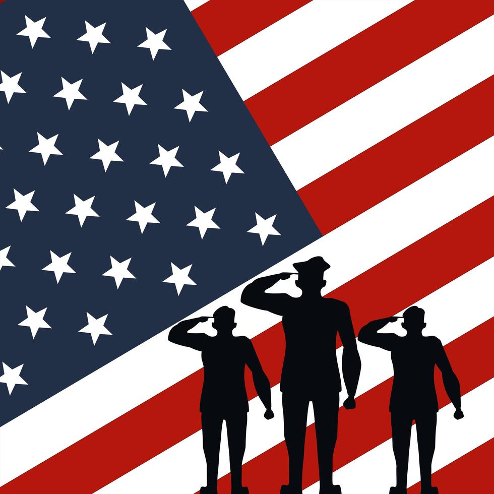 Militäroffizier Silhouetten auf USA Flagge Hintergrund vektor