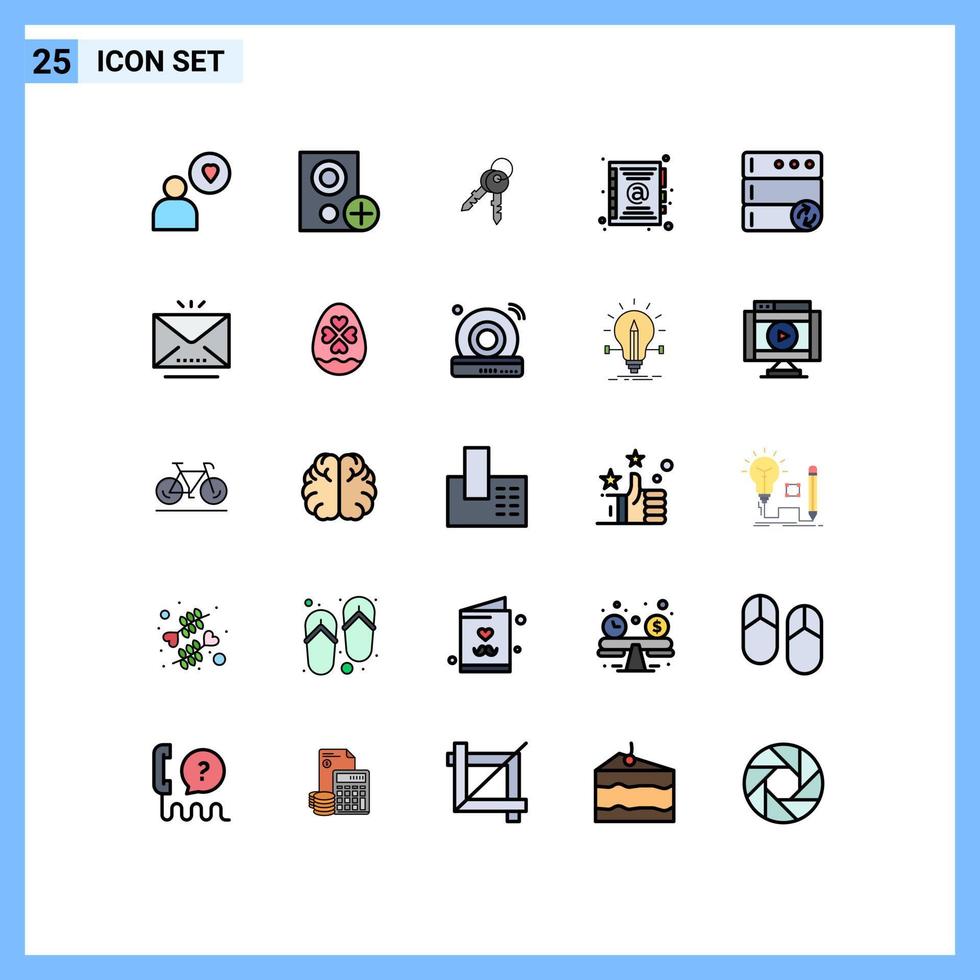piktogram uppsättning av 25 enkel fylld linje platt färger av synkronisera databas nycklar Kontakt adress redigerbar vektor design element
