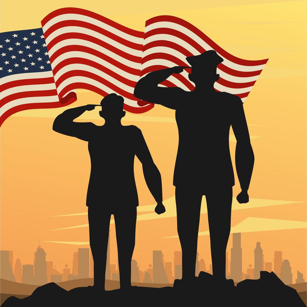 Militäroffizier Silhouetten mit USA Flagge Sonnenuntergang Szene vektor