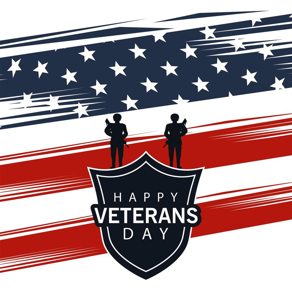 Glücklicher Veteranentagbeschriftung mit Schild und Soldaten auf USA-Flaggenhintergrund vektor