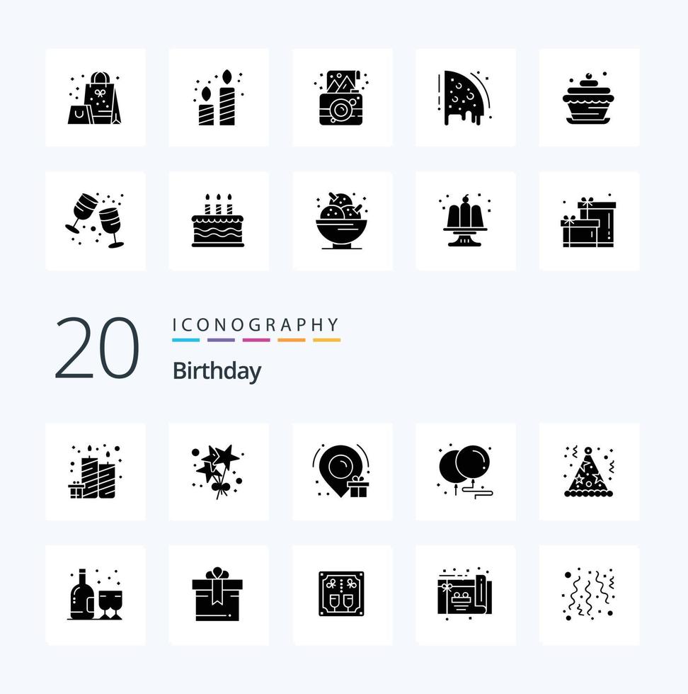 20 Geburtstag Solid Glyph Icon Pack wie Party Geburtstag Geburtstagsballons Box vektor