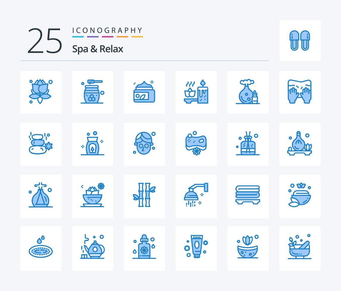 Spa und Relax 25 blaue Icon-Packs inklusive Öl. Spa. Creme. Entspannung. Aromatherapie vektor