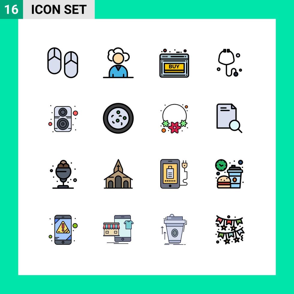 piktogram uppsättning av 16 enkel platt Färg fylld rader av ljud dator rabatt stetoskop kolla upp redigerbar kreativ vektor design element