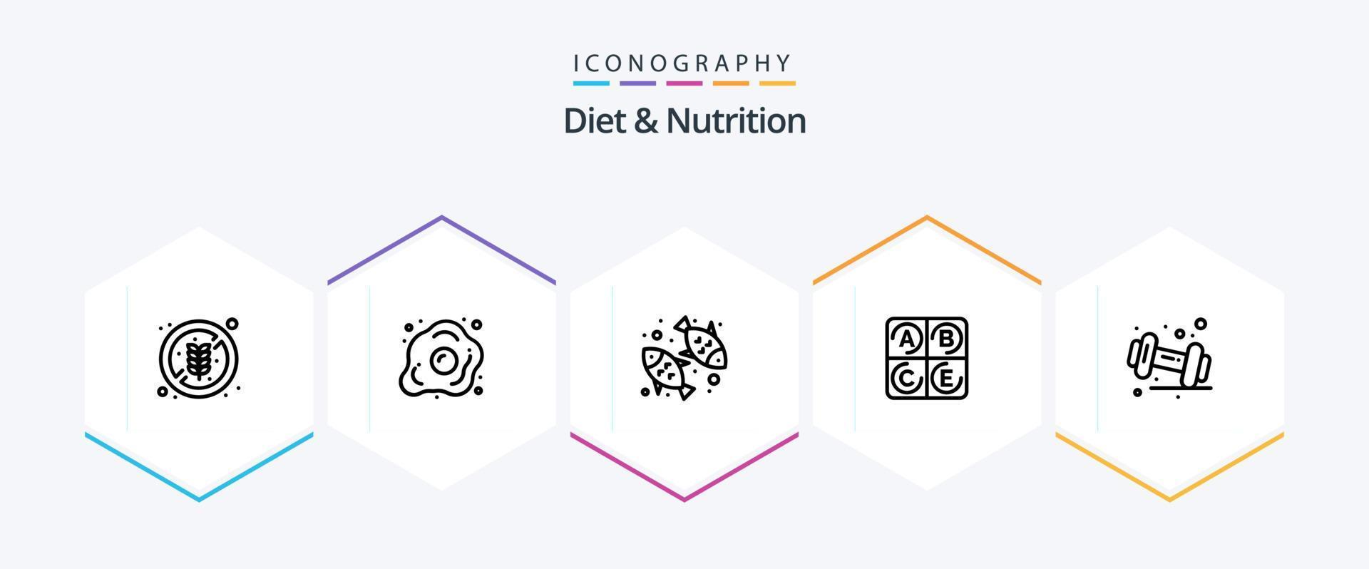 Diät und Ernährung 25-Zeilen-Icon-Pack einschließlich Hantel. Gesundheit. Ernährung. Vitamin. Ernährung vektor