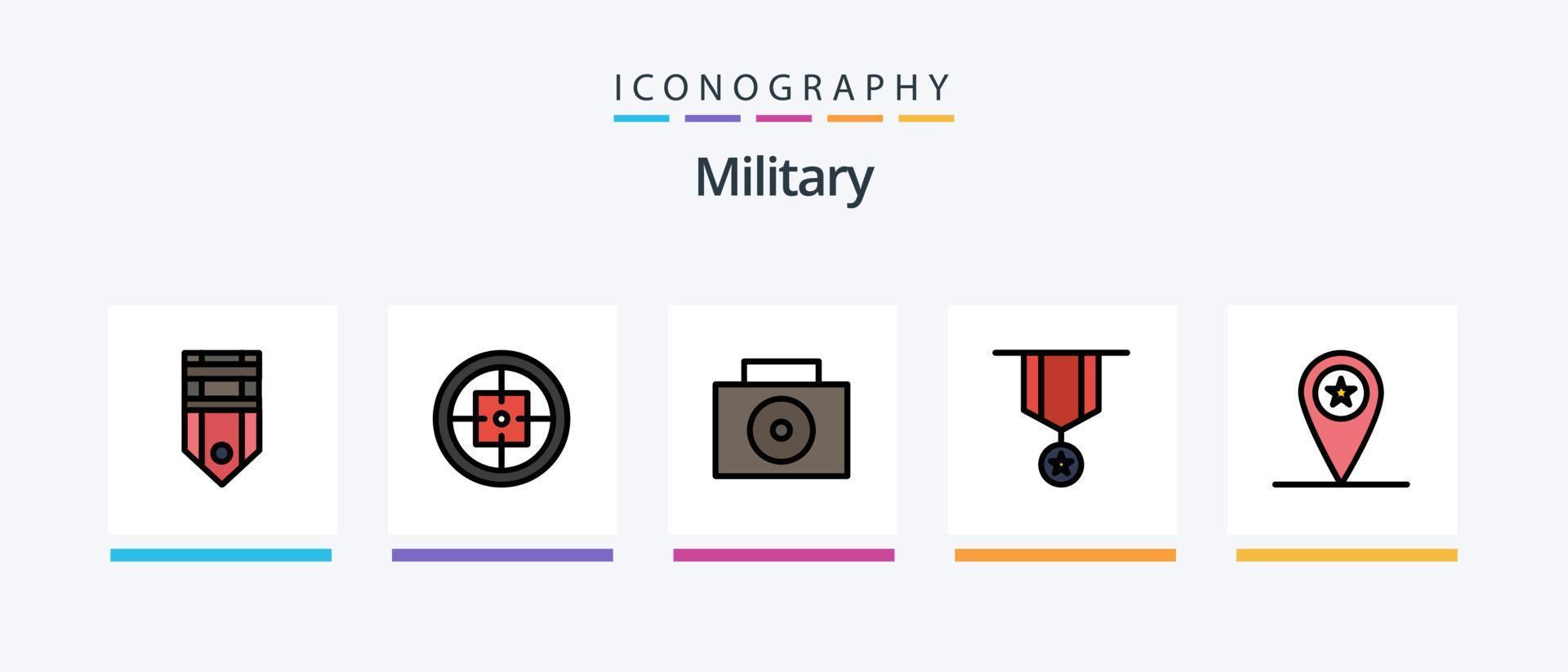 Militärlinie gefüllt 5 Icon Pack inklusive Soldat. Abzeichen. Rohr. Armee. Schild. kreatives Symboldesign vektor