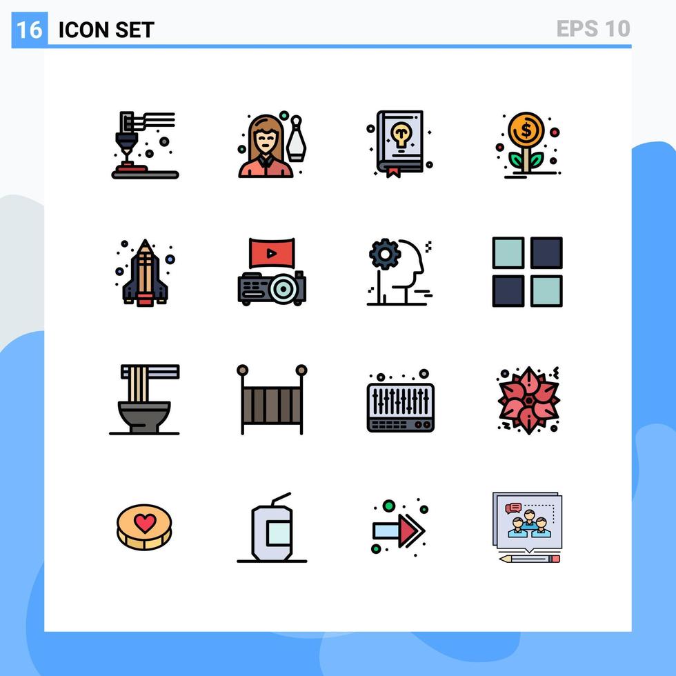 packa av 16 modern platt Färg fylld rader tecken och symboler för webb skriva ut media sådan som raket investering person tillväxt inlärning redigerbar kreativ vektor design element