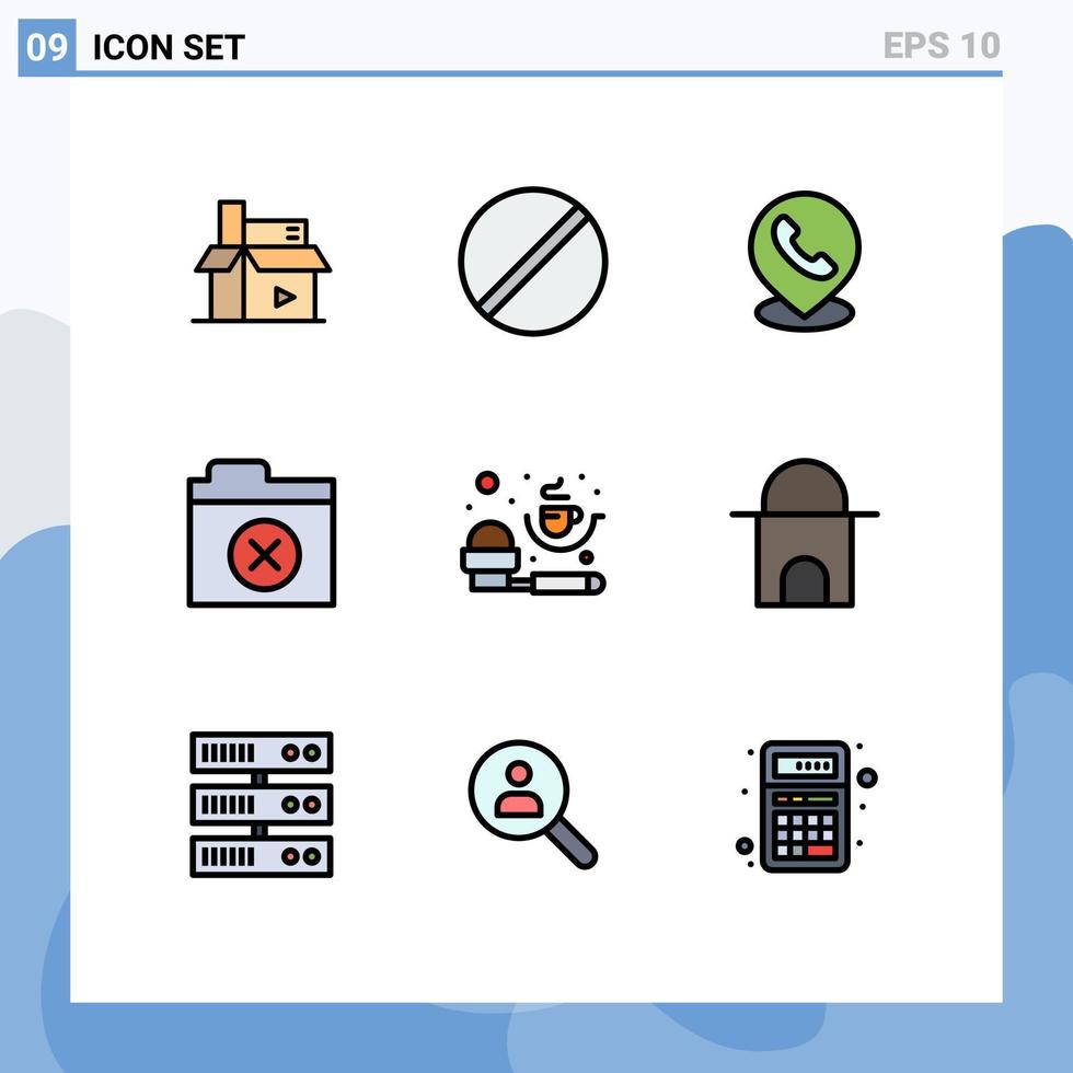 grupp av 9 modern fylld linje platt färger uppsättning för kaffe filer forskning radera Karta redigerbar vektor design element