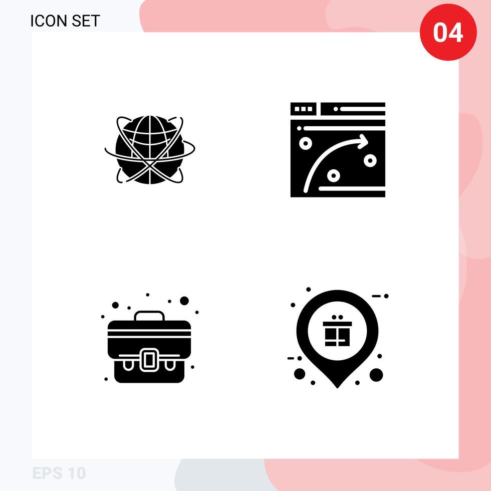 Gruppe von 4 soliden Glyphen Zeichen und Symbolen für globale Weltgeschäft editierbare Vektordesign-Elemente des Globusfensters vektor