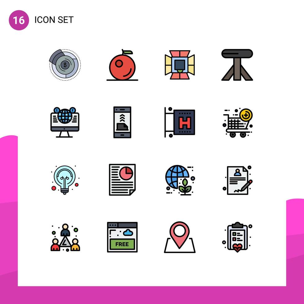 Gruppe von 16 modernen, flachen, farbgefüllten Linien für Computer-Website-Leuchttisch, der editierbare kreative Vektordesign-Elemente speist vektor