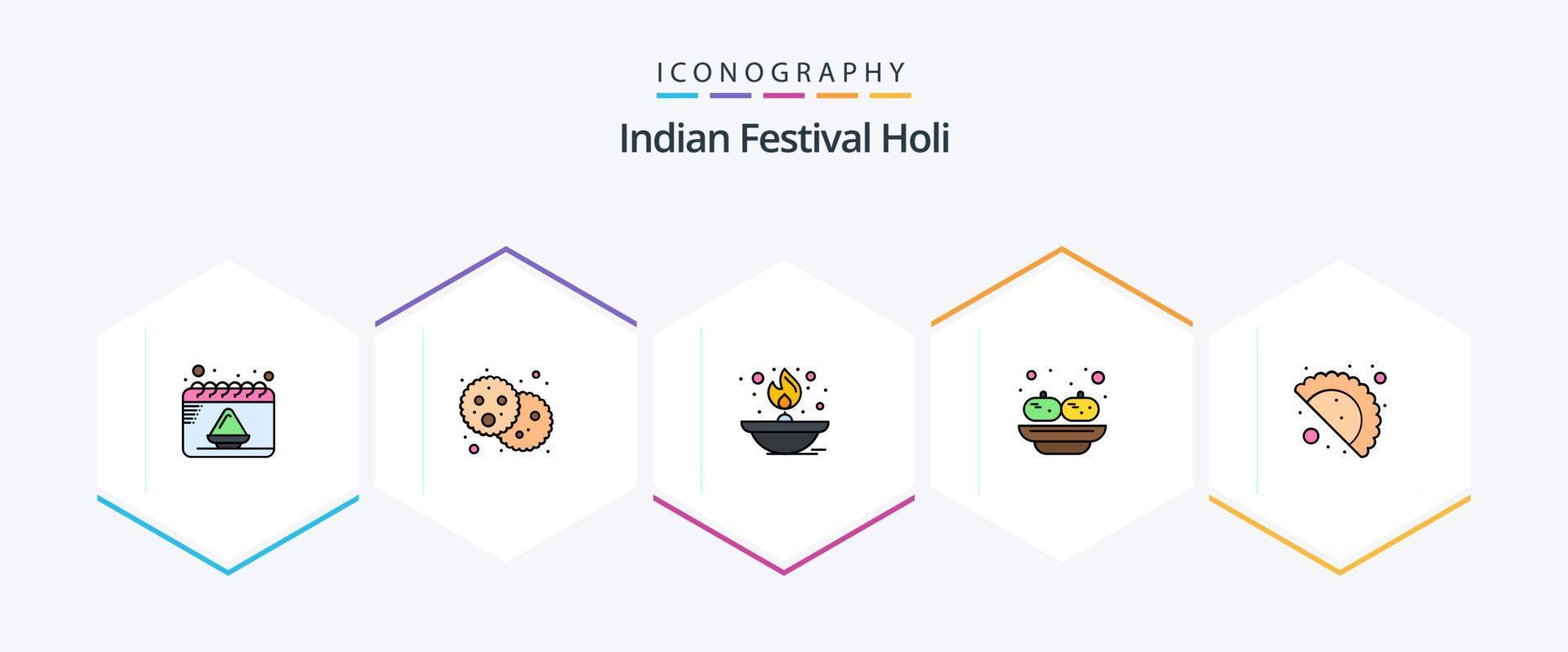 holi 25 fylld linje ikon packa Inklusive mat. Indien. ljus. fest. olja lampa vektor