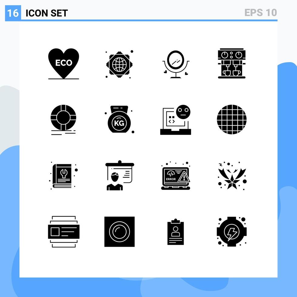 Stock Vector Icon Pack mit 16 Linienzeichen und Symbolen für Rettungsringkreis Liebesgetränk Küche editierbare Vektordesign-Elemente