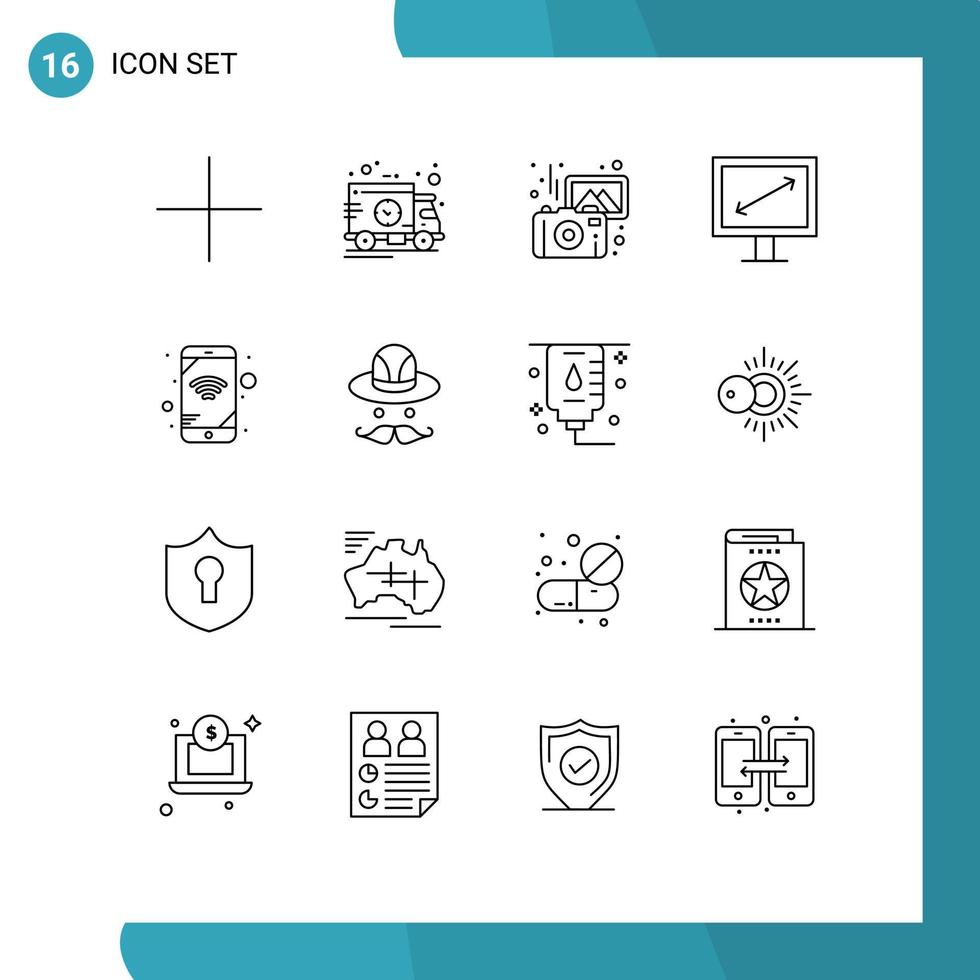 redigerbar vektor linje packa av 16 enkel konturer av keps nätverk fotografi mobil visa redigerbar vektor design element