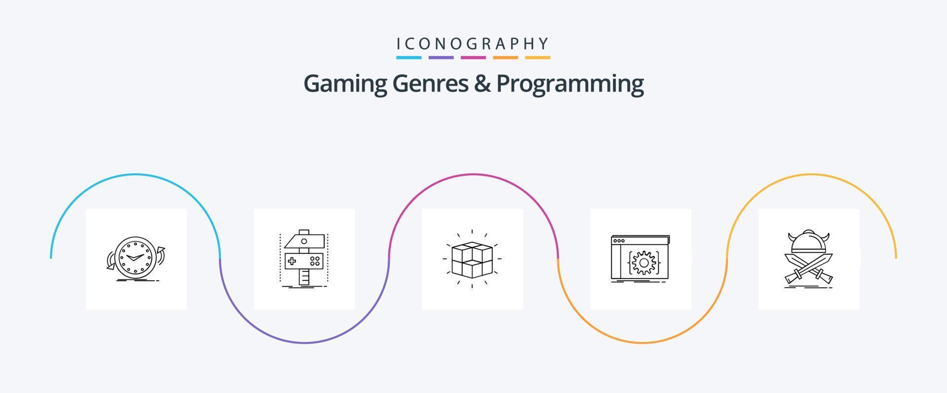 gaming genrer och programmering linje 5 ikon packa Inklusive kodning. api. utvecklaren. kub. pussel vektor