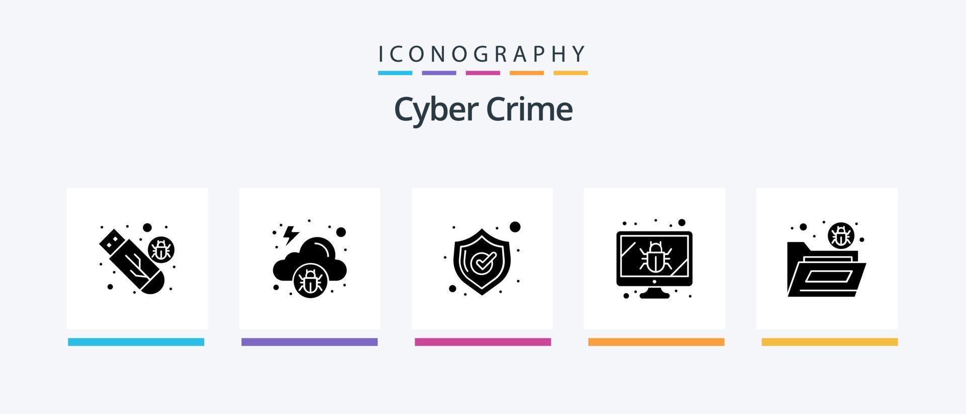 cyber brottslighet glyf 5 ikon packa Inklusive fil. säkerhet. skadlig programvara. skärm. insekt. kreativ ikoner design vektor