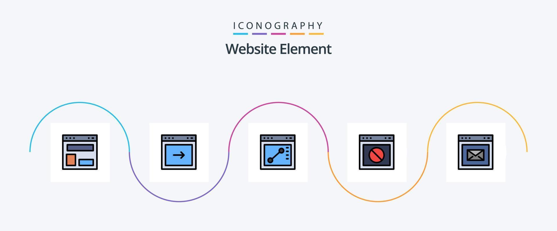 Website-Elementzeile gefülltes flaches 5-Icon-Paket einschließlich Browser. Netz. Webseite. Warnung. App vektor