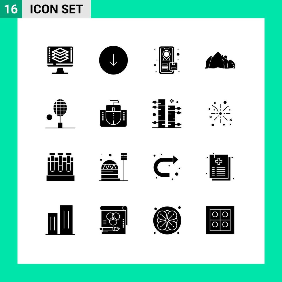 universell ikon symboler grupp av 16 modern fast glyfer av tennis racket spårning badminton berg redigerbar vektor design element