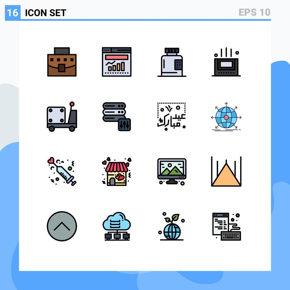 moderner Satz von 16 flachen, farbgefüllten Linien und Symbolen wie Logistikraum Flaschenmatte Gesundheit editierbare kreative Vektordesign-Elemente vektor