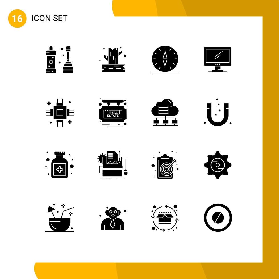universelle symbolsymbole gruppe von 16 modernen soliden glyphen von pc-gerät gps monitor reise editierbare vektordesignelemente vektor