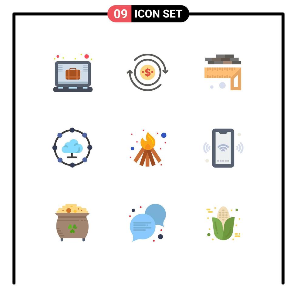 9 flaches Farbkonzept für mobile Websites und Apps Flammfeuermessung teilen Cloud Computing editierbare Vektordesignelemente vektor