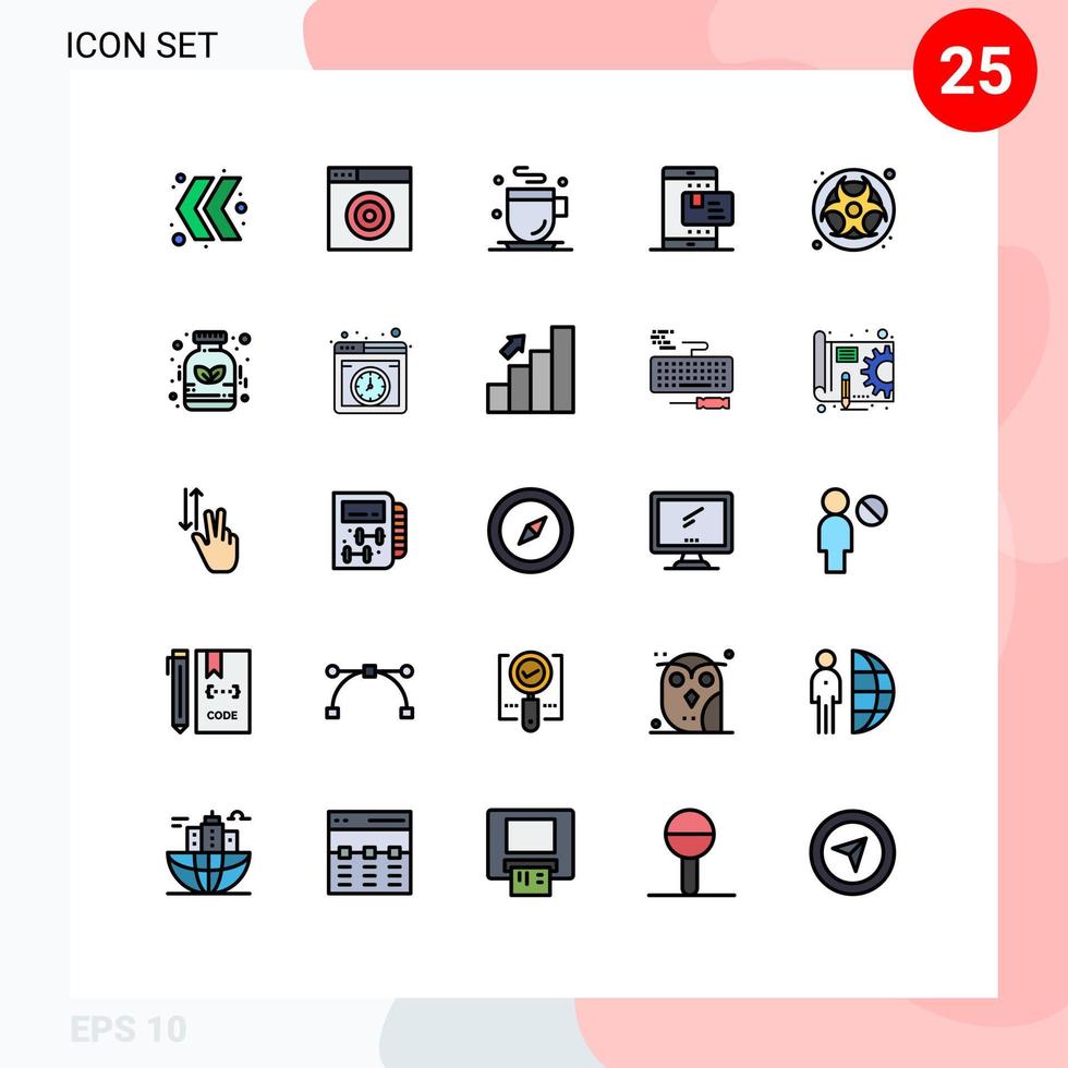 25 fylld linje platt Färg begrepp för webbplatser mobil och appar avfall fara mat gas Betygsätta redigerbar vektor design element