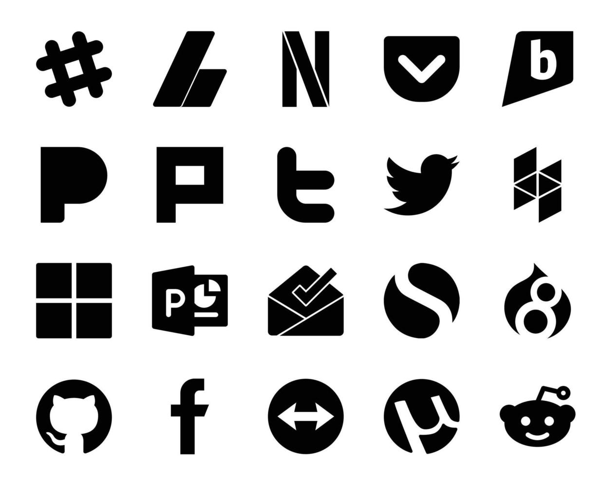 20 Social-Media-Icon-Paket einschließlich GitHub Simple Plurk Posteingang Microsoft vektor