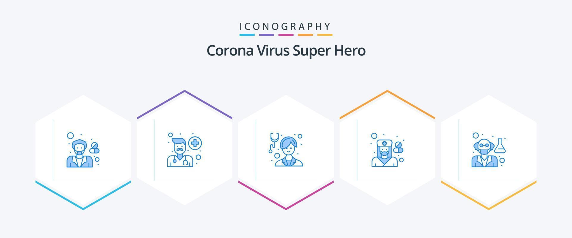 Corona-Virus-Superheld 25 blaues Icon-Pack inklusive Gesundheit. Frau. Mann. Krankenschwester. Gesundheitspflege vektor