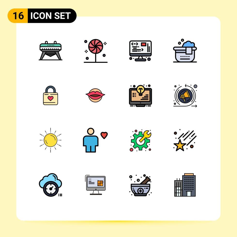 satz von 16 kommerziellen flachen farbgefüllten linienpaket für herzhackerschließfachentwicklungsschlossbad editierbare kreative vektordesignelemente vektor