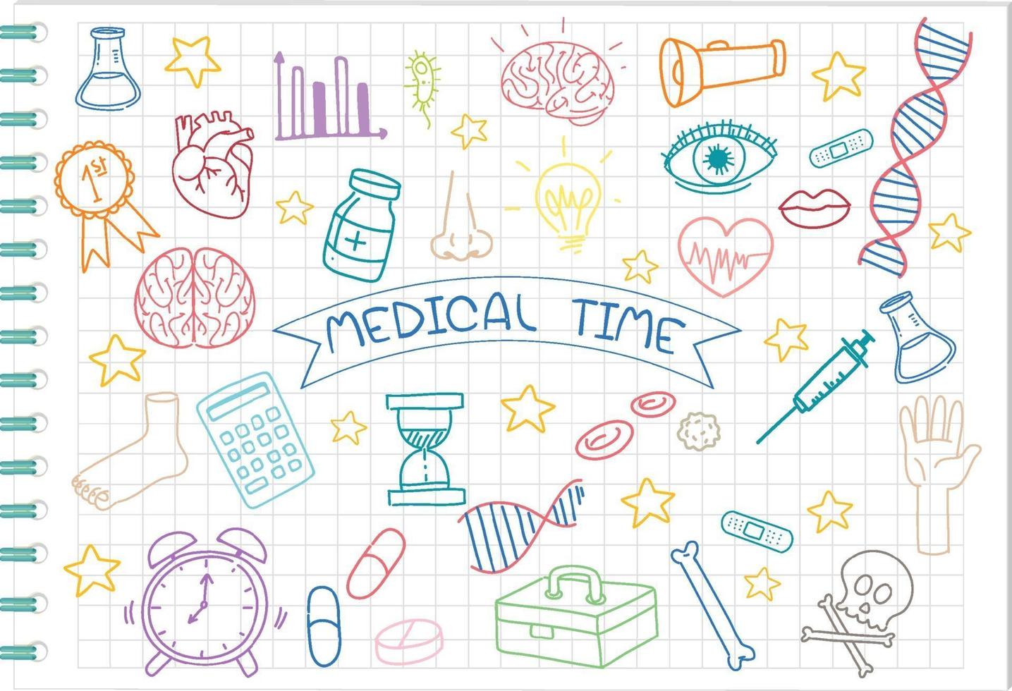 uppsättning medicinsk vetenskap element doodle på anteckningsboken vektor