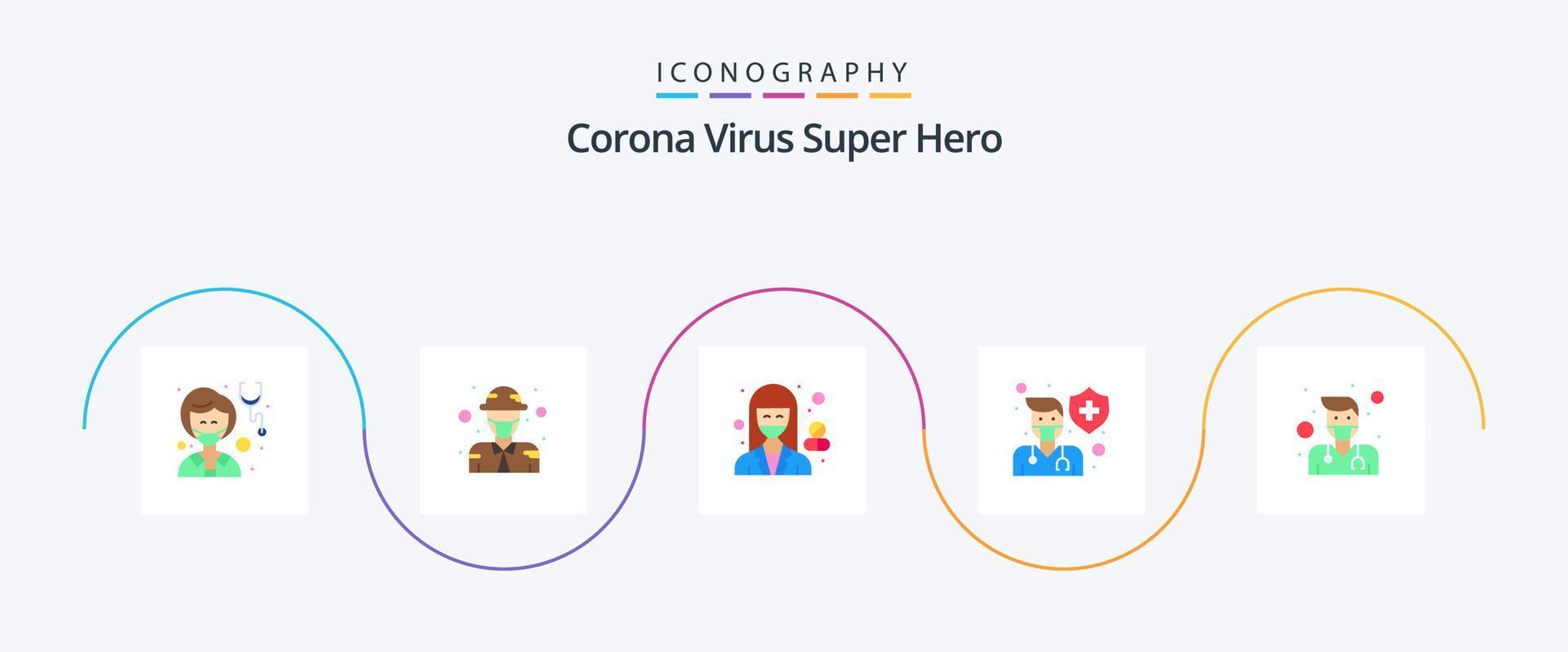 korona virus super hjälte platt 5 ikon packa Inklusive hälsa. skydd. militär. apotekare. sjukhus vektor