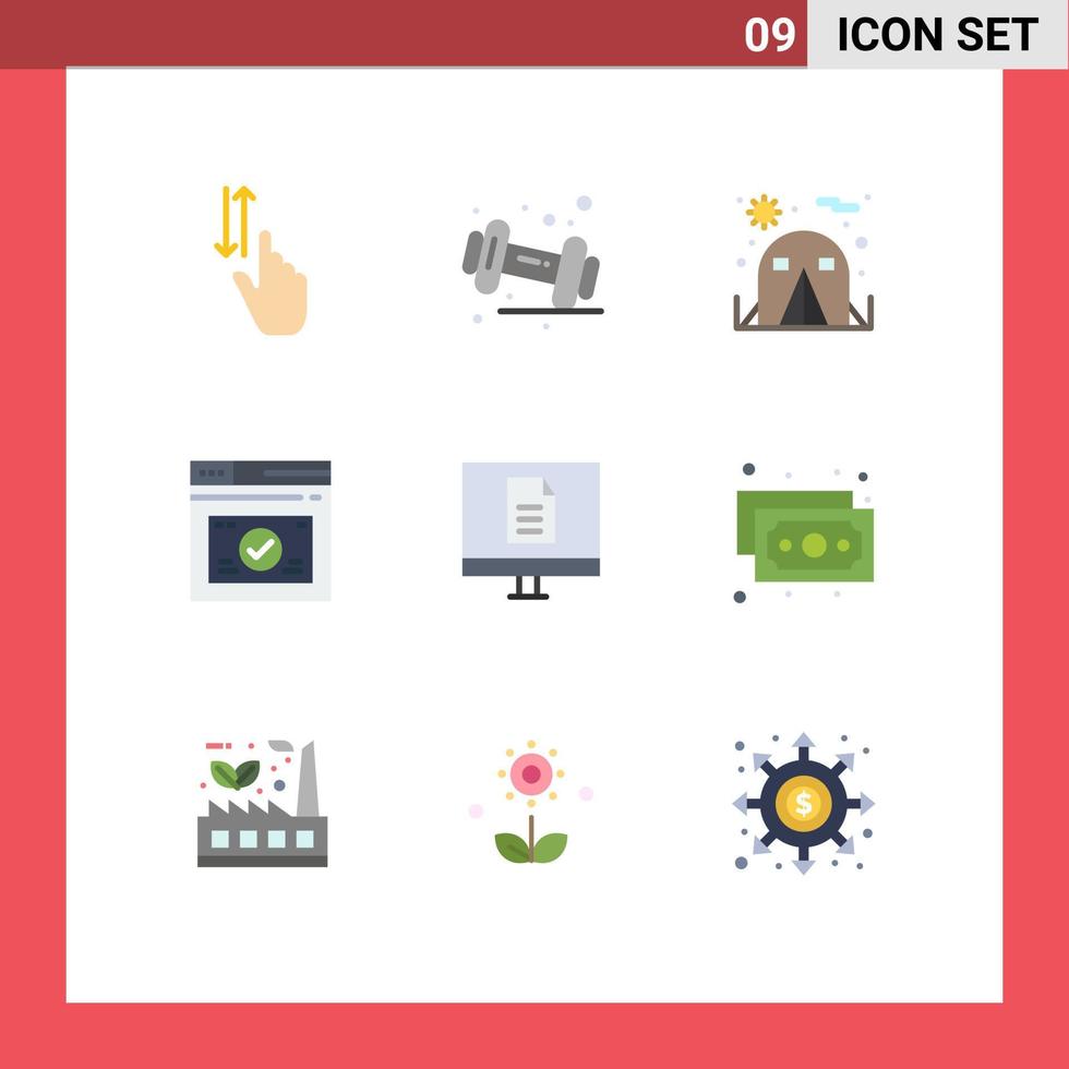 Piktogrammsatz von 9 einfachen flachen Farben der Bildungswebsite-Fitnessstudio-Webseite bearbeitbare Vektorgestaltungselemente vektor
