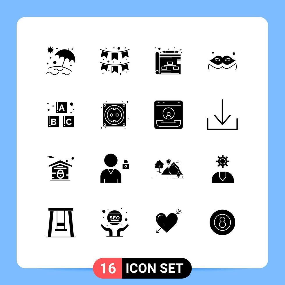Packung mit 16 modernen soliden Glyphen-Zeichen und Symbolen für Web-Printmedien wie Computerblöcke, die bearbeitbare Vektordesign-Elemente für Baby-Maskerade planen vektor