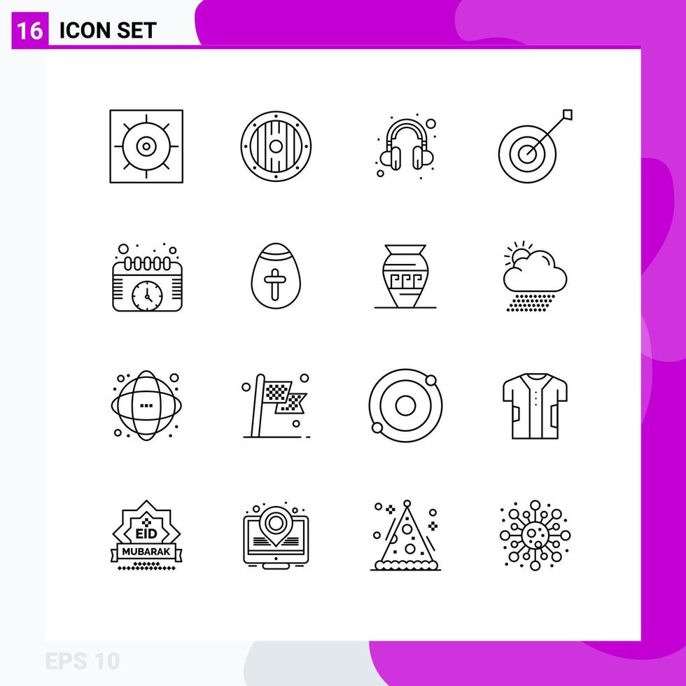 Stock Vector Icon Pack mit 16 Zeilenzeichen und Symbolen für Uhrenereignisse helfen Kalender Sport editierbare Vektordesign-Elemente