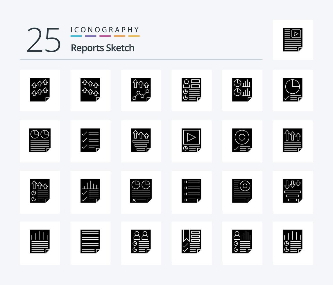 Berichte skizzieren 25 solides Glyphen-Icon-Paket einschließlich Torte. dokumentieren. Buchseite. Daten. Buchseite vektor