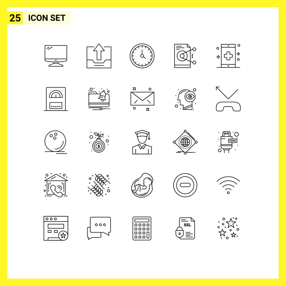 Gruppe von 25 Zeilen Zeichen und Symbolen für die gemeinsame Nutzung von Datei Bürozeit Kontakt editierbare Vektordesign-Elemente vektor
