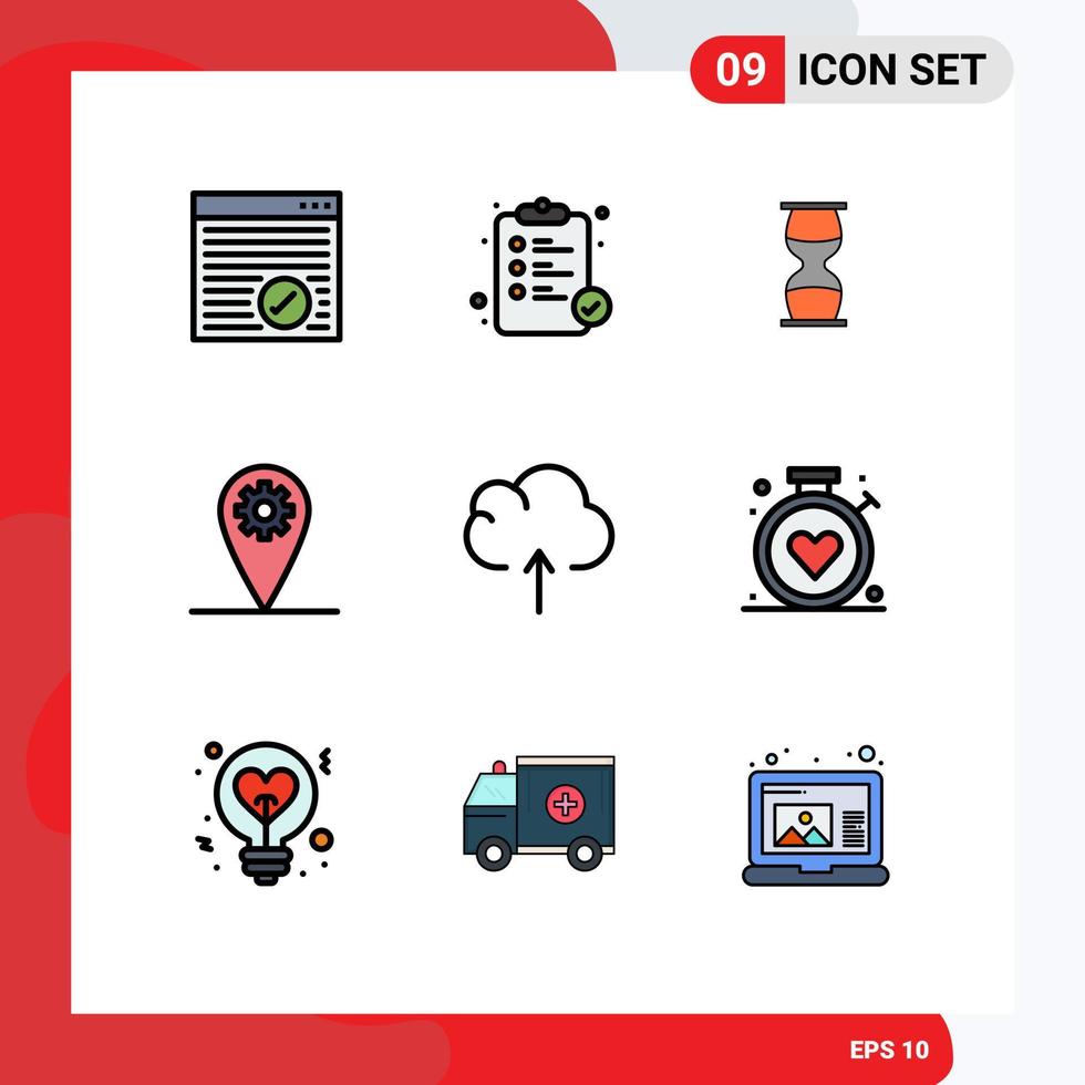 satz von 9 modernen ui-symbolen symbole zeichen für cloud geo sanduhr getriebe zeit editierbare vektordesignelemente vektor
