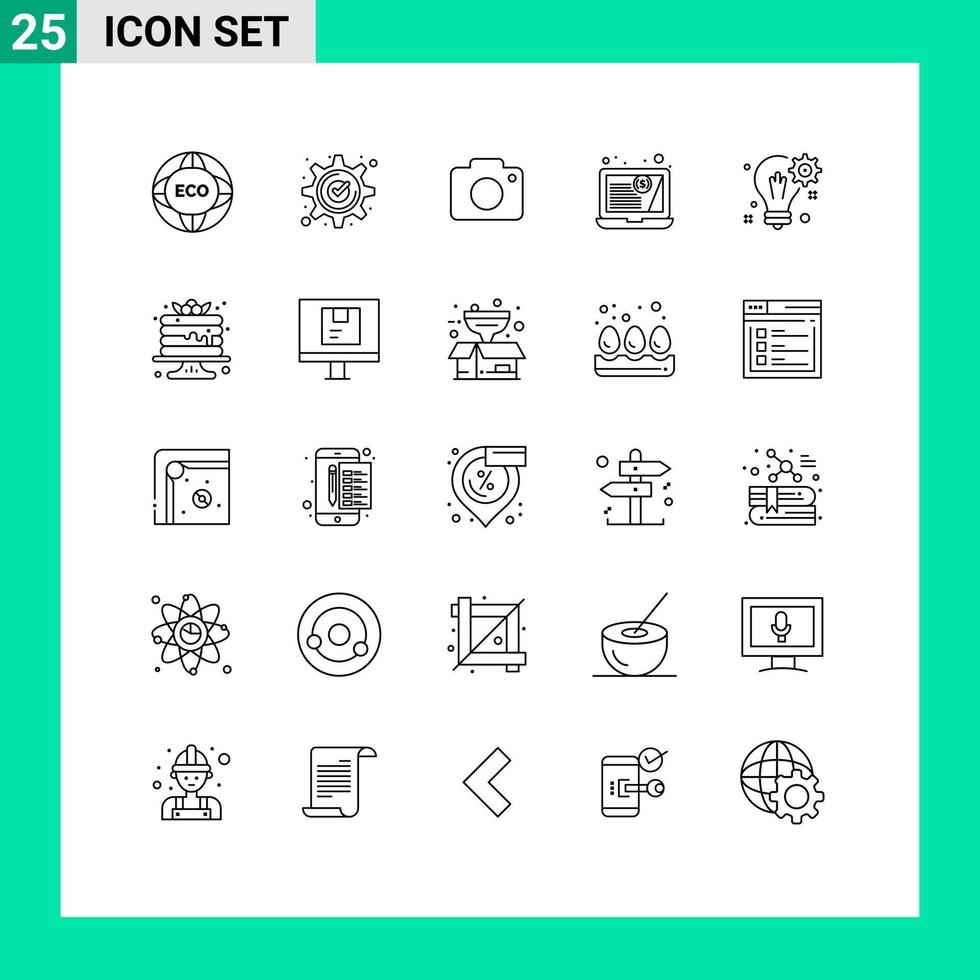 Gruppe von 25 modernen Linien, die für bearbeitbare Vektordesign-Elemente für Glühbirnenfinanzen eingestellt werden vektor
