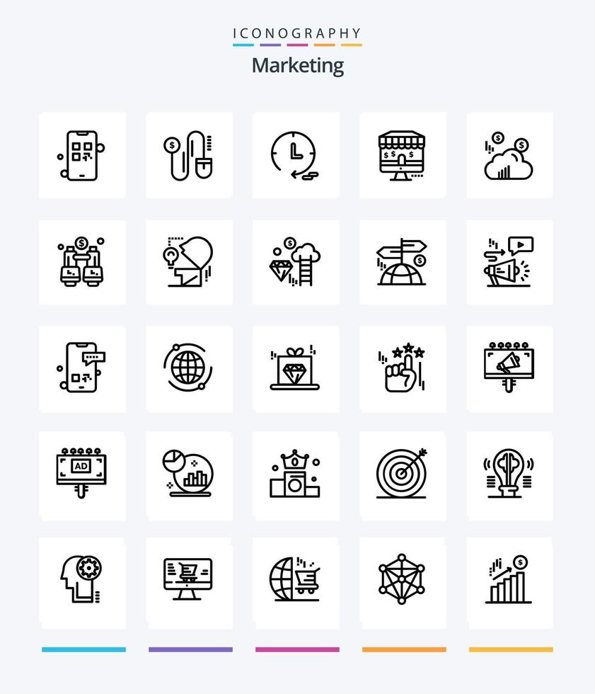 kreatives Marketing 25 Gliederungs-Icon-Pack wie Explore. Dollar. Zeit. Marketing. Geschäft vektor