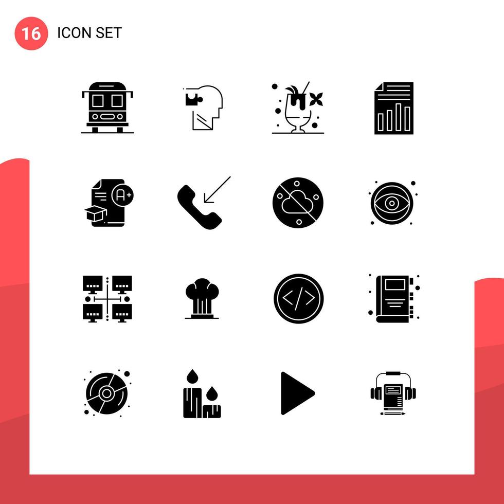 mobil gränssnitt fast glyf uppsättning av 16 piktogram av keps ark cocktail Rapportera fil redigerbar vektor design element