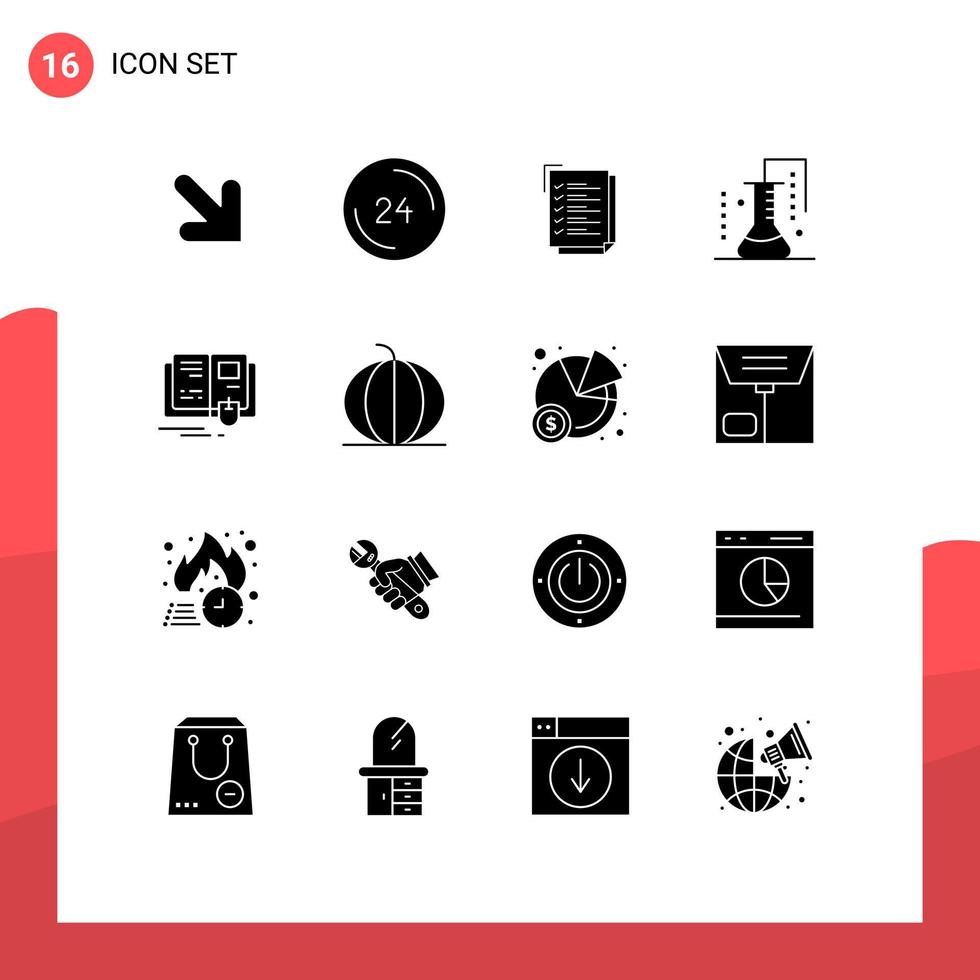 editierbares Vektorlinienpaket mit 16 einfachen soliden Glyphen des Buches Wissenschaft der Materie Checkliste Wissenschaftslabor Chemische Wissenschaft editierbare Vektordesign-Elemente vektor