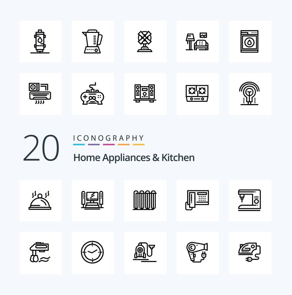20 Haushaltsgeräte und Küchenlinien-Icon-Pack wie heiße Batterie für Heizkörperserver vektor