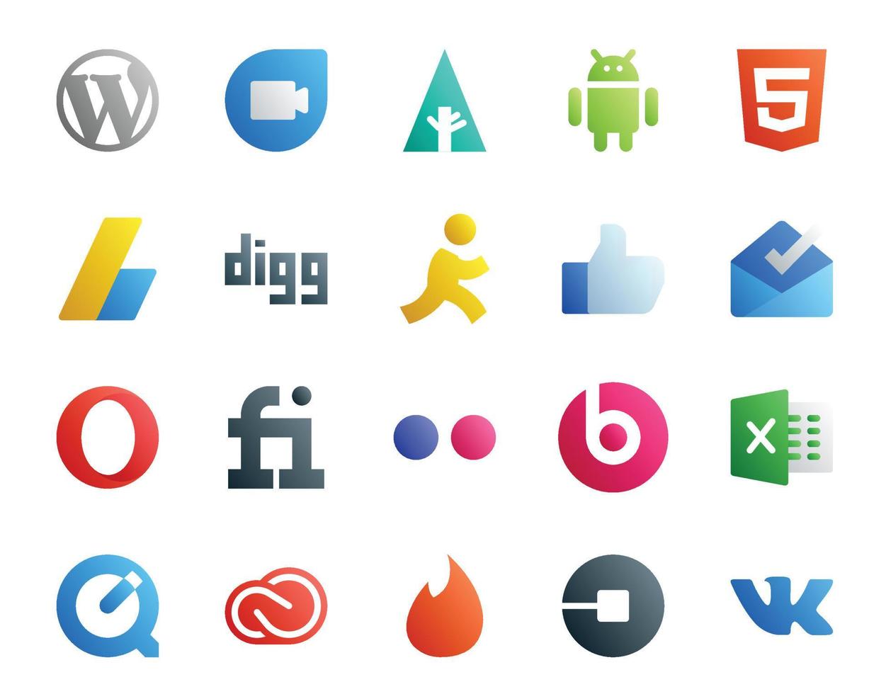 20 Social Media Icon Pack inklusive Quicktime Beats Pill Digg Flickr Opera vektor