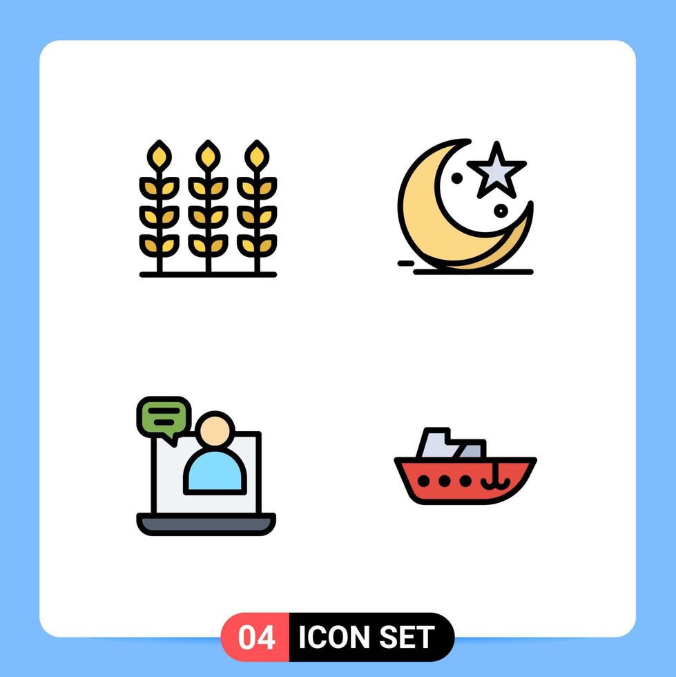 moderner Satz von 4 gefüllten flachen Farben Piktogramm der Weizen-Chat-Halbmond-Feier, die editierbare Vektordesign-Elemente trifft vektor